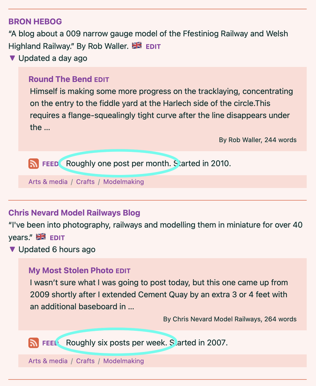 A screenshot showing two blogs from a directory listing. Among their info, each has a single phrase highlighted: "Roughly one post per month" and "Roughly six posts per week".