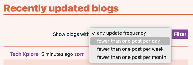 A screenshot showing the top of the Recently updated blogs page, with a drop-down menu with four options: "any update frequency", "fewer than one post per day", "fewer than one post per week", and "fewer than one post per month"